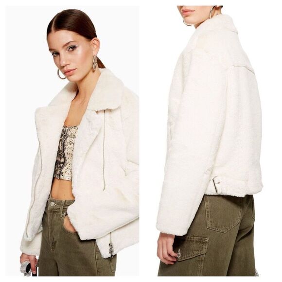 Topshop Lily Faux Fur Biker Jacket Size 12 - Picture 1 of 10
